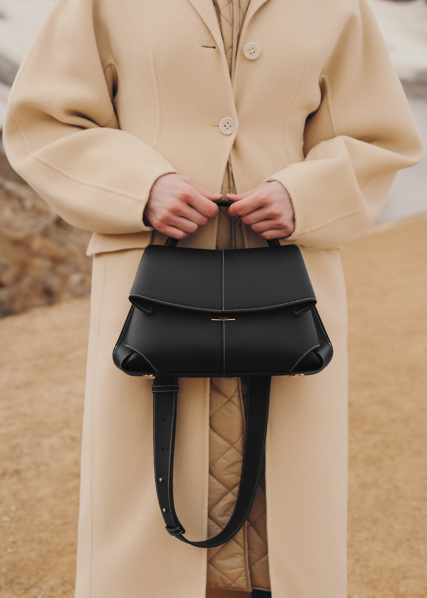 Mokki - Textured Black with Ecru Stitching