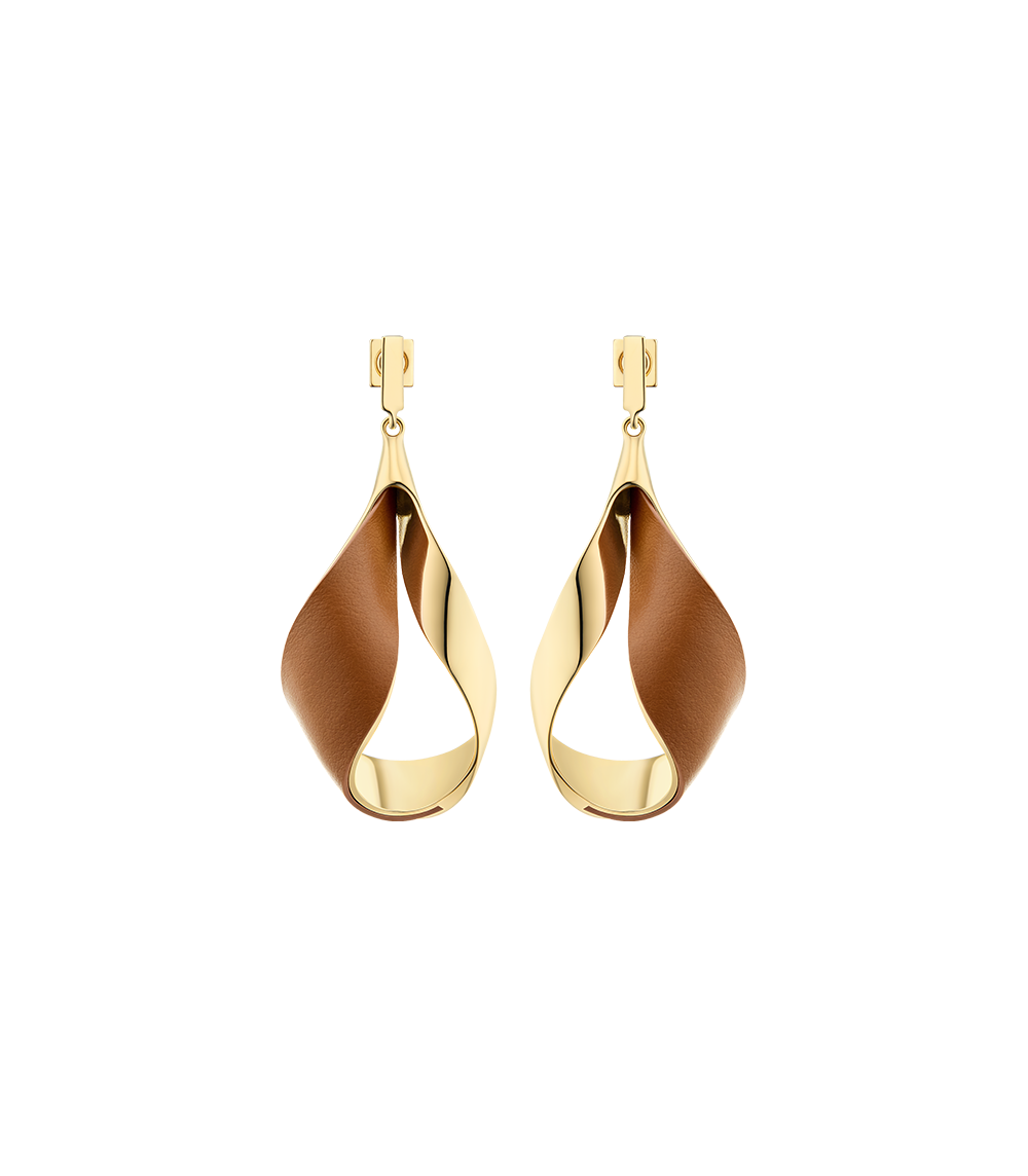 Ormé Pendant Earrings - Gold Gilded with Camel Leather