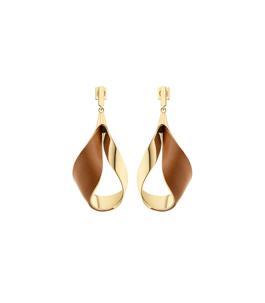 Ormé Pendant Earrings - Gold Gilded with Camel Leather